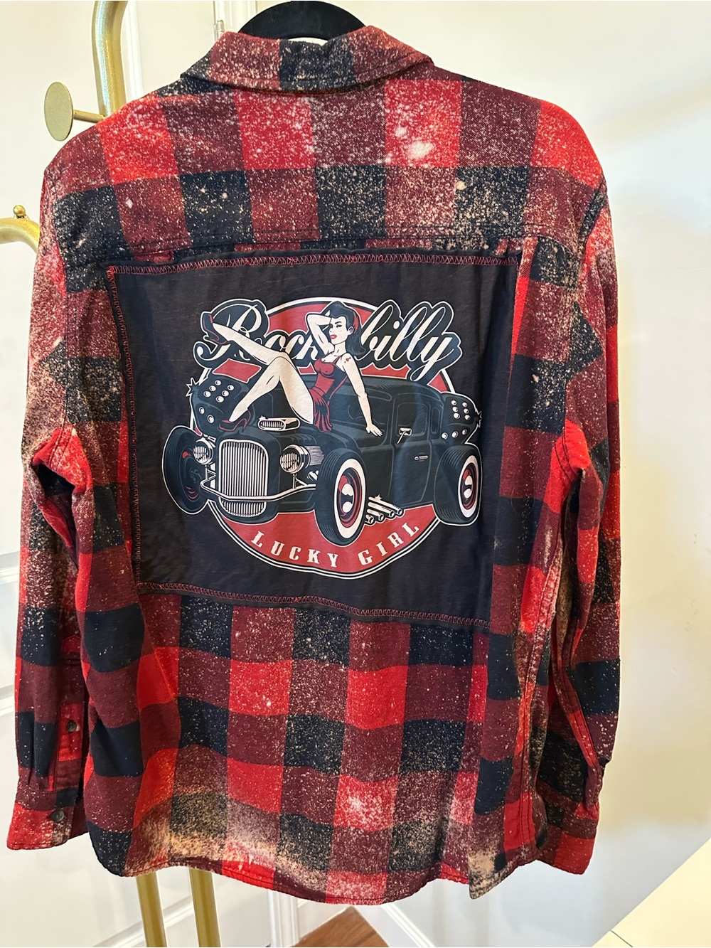 Arizona Jean Company Red & Black Plaid Button-Down with Rockabilly Back Patch